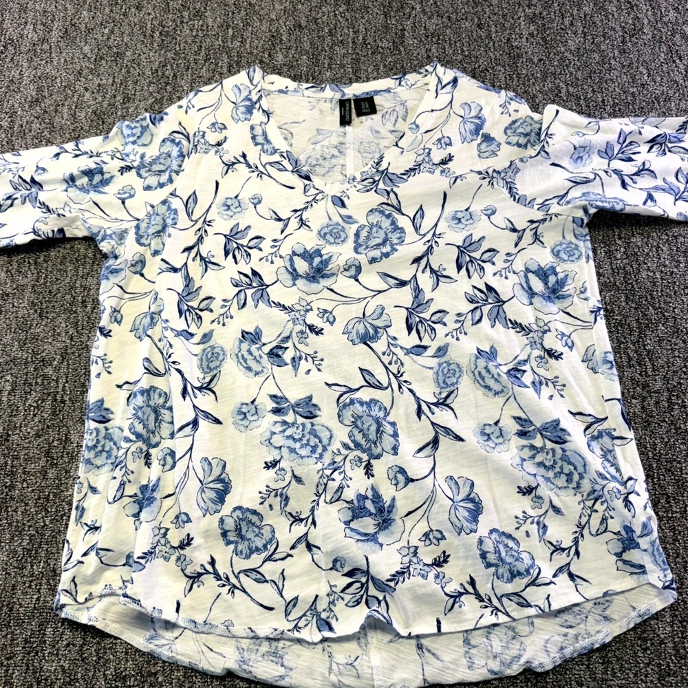 Cynthia Rowley Blouse Top Womens 1X Multicolor Cotton Floral V-Neck 3/4 Sleeve
